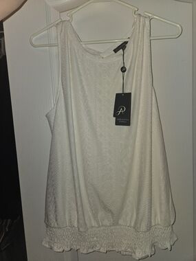 Adrianna Papell Cream Sleeveless Textured Tank with Smocked Hem